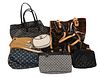 Nine Piece Lot of Designer Inspired Handbags, to include handbags in the style of Louis Vuitton, Chanel, Mark Cross and Goyard, having chewed handles,
