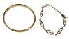 Two 14 Karat Gold Bracelets, to include bangle bracelet marked 14K and a bracelet with pearls, 11.7 grams.