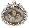 Victorian Brooch/Pin, having portrait of three young boys and pearl surround, in original box, total weight 12.3 grams, width 1 5/8 inches.