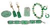 Six Piece Jade and Jadeite, to include two pairs of earrings, two carved pendants, a sterling silver mounted bracelet, along with a glass bead bracele