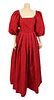 Pauline Trigere Red Taffeta Evening Gown, vintage, red with large puff sleeves, box pleat skirt, back zip closure, size S/M, in good condition with tw