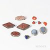 Group of Blue Lace Agate, Carnelian, Cinnabar, and Rose Quartz Brooches and a Lapis Ring