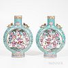 Pair of Famille Rose Turquoise-ground Moon Flask Vases