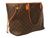 Louis Vuitton Neverfull Bag, monogram canvas and leather shoulder tote bag, height 13 inches, width 16 inches, depth 8 inches. 