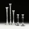 A GROUP OF FIVE BELGIAN AND CONTINENTAL CUT AND MOLDED CRYSTAL CANDLESTICKS, MODERN,