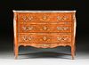 A LOUIS XV STYLE MARBLE TOPPED AND ORMOLU MOUNTED MARQUETRY INLAID TULIPWOOD COMMODE, 20TH CENTURY,