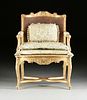 A RÉGENCE STYLE PARCEL GILT AND CANED WOOD FAUTEUIL, LATE 19TH/EARLY 20TH CENTURY,