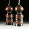 A PAIR OF JAPANESE ARCHAISTIC STYLE RED CLOISONNÉ ENAMELED AND PATINATED BRONZE LAMPS, BY THE MARBRO LAMP CO, LOS ANGELES, MID 20TH CENTURY, 