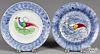 Two blue peafowl spatter toddy plates, 19th c.