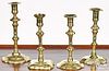 Four English Queen Anne brass candlesticks