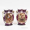Large Pair of Red and Gilt Portrait Handled Vases