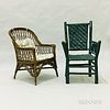 Green-painted Adirondack Armchair and Wicker Armchair