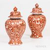 Pair of Chinese Export Porcelain Covered Coral Red Jars