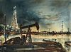 EDWARD MUEGGE "BUCK" SCHIWETZ (American/Texas 1898-1984) A PAINTING, "Pump Jack in Stormy Oilfield Landscape,"
