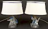 Pair of Lalique Frosted, Clear and Blue Crystal Blue Jay Boudoir Lamps