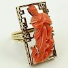 Lady's Vintage Asian style Carved Red Coral and 14 Karat Yellow Gold Ring