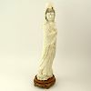 Chinese Finely Carved Ivory Guanyin Figure on carved wood base and with small inset coral and turquoise accents.