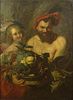 after: Sir Paul Rubens Old Master Oil on Canvas "Satyr Holding Basket of Fruit With Girl By His Side"..