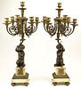 Pair of Antique French Bronze and Marble Figural Six Light Candelabra.