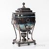 English Silver-plated Hot Water Kettle, oval body, lion mask pendant handles, raised on four paw cabriole legs atop a rectangular base