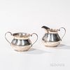 Georg Jensen-style Sterling Silver Creamer and Sugar, 20th century, unidentified maker's mark, bulbous bodies with loop handles; creame
