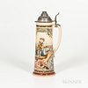 Large Mettlach PUG Stein, Germany, 2.25 liter with hinged pewter lid, polychrome printed decoration of Vikings drinking, #2261, impress