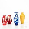 Four Peking Glass Vases, China, 19th to 20th century, a yellow baluster-form vase with archaic-style taotie designs; an oviform blue ov
