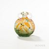 GallÃ© Cameo Glass Vase, France, after 1904, jug-form with two loop handles, decorated with pine cone and branch in ochre on green and f