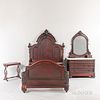Victorian Walnut Renaissance Revival Bedroom Suite, including white marble-top bureau with mirror, three long drawers, ht. 85, wd. 48 1