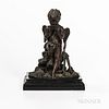 Bronze Model of a Cupid, 19th century, probably France, the seated figure drinking from a shell, mounted on a stepped slate base, illeg