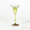 Tiffany-style Art Glass Tulip Vase, green pulled feather cup set on gold iridescent base, incised marks, "L.C.T." and "Y6596," ht. 13 1