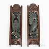 Pair of Oak and Plaster Owl Wall Panels, late 19th century, plaster painted green, carved wood frame with sunflower crest, ht. 38, wd.