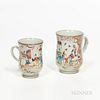 Two Famille Rose Export Porcelain Tankards, China, 18th/19th century, slightly waisted, resting on a short splayed foot, decorated with