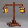 Arts & Crafts Oak, Copper & Slag Glass Double Lamp c1910