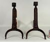 Pair Wrought Iron Andirons, Incised Decoration