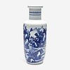 A Chinese blue and white porcelain rouleau vase 青花山水人物纸槌瓶 