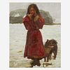 Zhang Xiexiong (Chinese b.1977-) 张谢雄 Tibetan Girl with Dog 油画西藏小女孩与小狗 2000