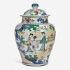 A Chinese wucai-decorated porcelain large jar and cover 五彩带盖大罐 17th century 十七世纪