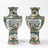PAIR, CHINESE FAMILLE VERTE LION MASK HANDLE VASES