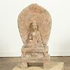 CHINESE CARVED POLYCHROME STONE SEATED BUDDHA