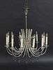 A hanging silver-plated twelve-light chandelier,