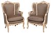 Pair Louis XV Style Carved Painted Bergeres