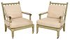 Pair Spool Form Green Painted and Upholstered Open Armchairs