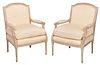 Pair Louis XVI Style Painted Upholstered Open Armchairs
