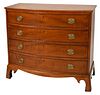 Federal Tiger Maple Bowed Front Chest
having four drawers set on bracket base
circa 1800
height 34 inches, width 38 inches, top 18 1/2 x 39 inches