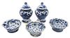 Five Piece Chinese Blue and White Porcelain Group
to include a pair of covered jars having painted figures in courtyard scene (chipped)
along with thr