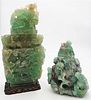 Two Green Quartz Covered Urns 
to include large urn in square form having phoenix bird finial on cover,
foo lion handles and carved birds on carved wo