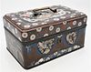 Large Cloisonne Box
having hinged lid and large brass handle
interior silvered with upper tray in three covered compartments
cloisonne depicting birds