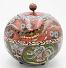 Large Cloisonne Globular Jar with Cover
having dragon over panels with foo lions and phoenix birds on three footed base
height 8 1/2 inches, diameter 