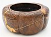 Carved Japanese Hibachi
having rounded form showing lacquer relief designs of leaves with copper lining
height 7 inches, diameter 14 inches